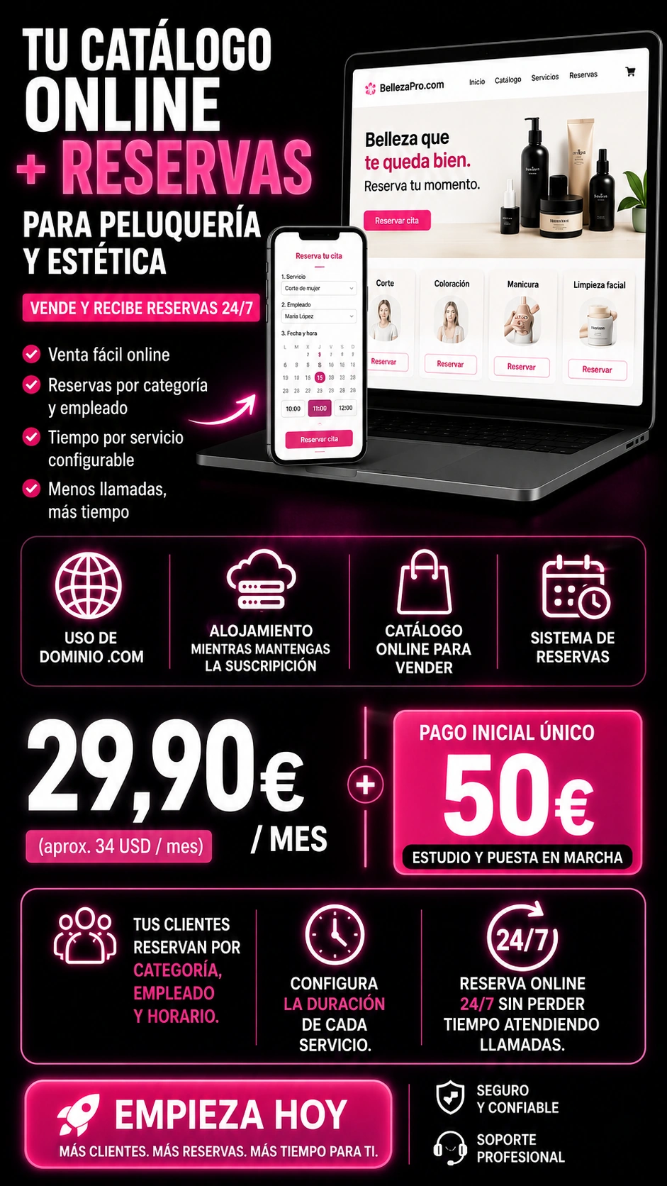 Sistema de reservas online para peluquerías, estética y manicura con catálogo online para vender productos